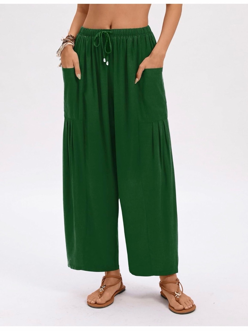 Lomon Wide-Leg Elastic Waist Green Palazzo Harem Pants Size M